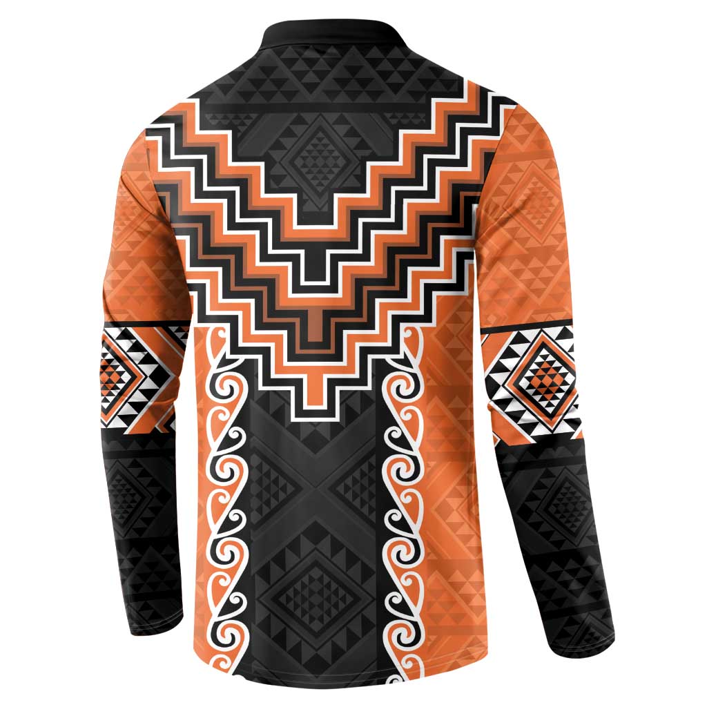 Orange Niho Taniwha Mix Poutama Button Sweatshirt Unique Taniko Aotearoa LT01 - Polynesian Pride