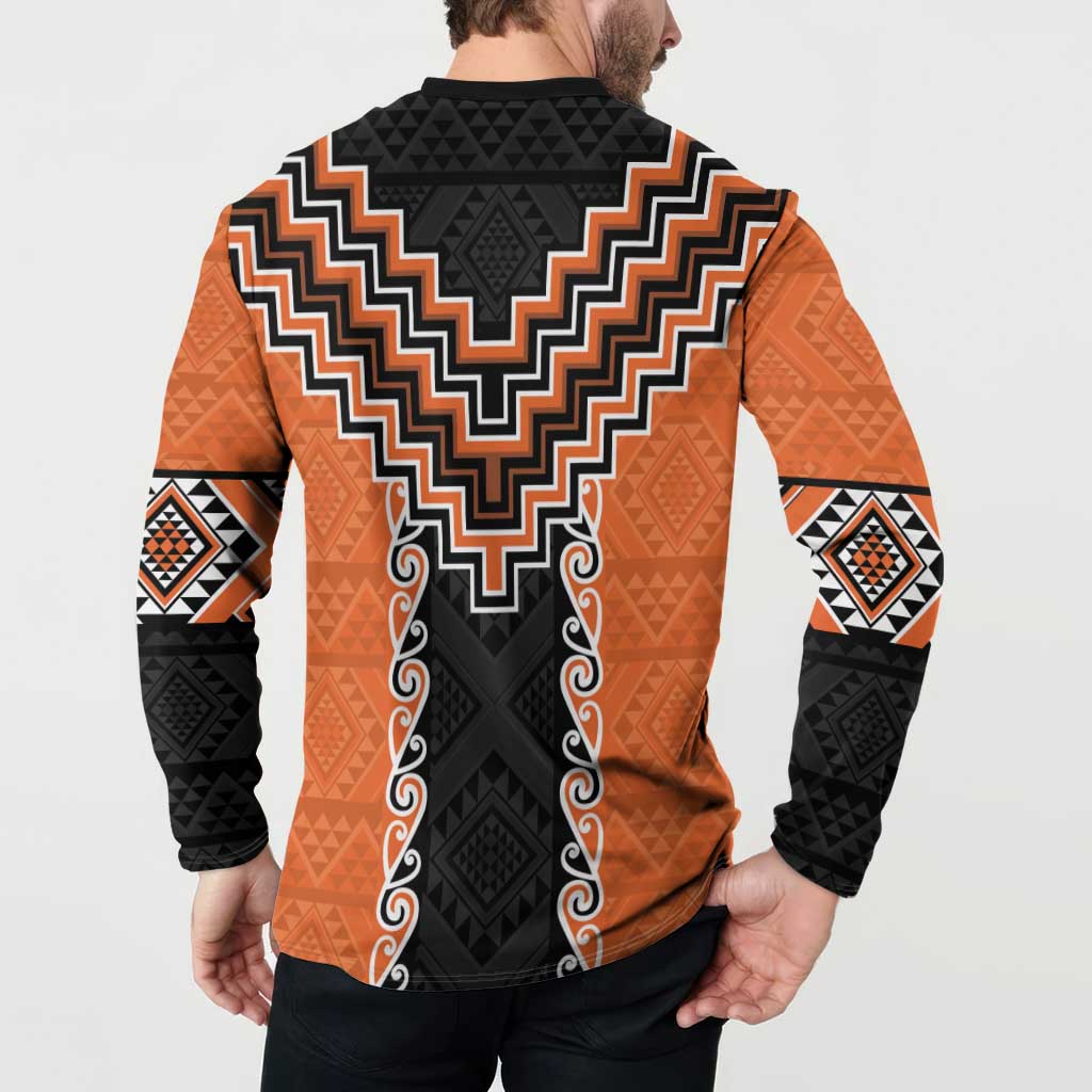 Orange Niho Taniwha Mix Poutama Button Sweatshirt Unique Taniko Aotearoa LT01 - Polynesian Pride