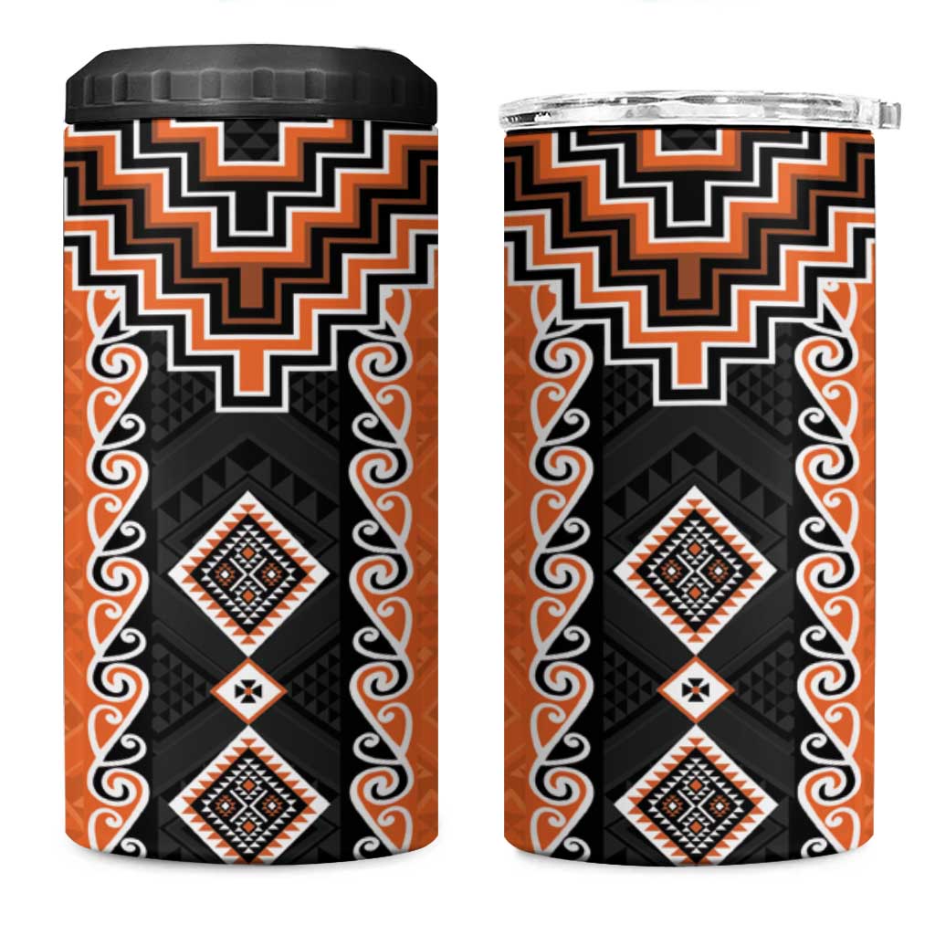 Orange Niho Taniwha Mix Poutama 4 in 1 Can Cooler Tumbler Unique Taniko Aotearoa LT01 One Size: 16 oz Orange - Polynesian Pride