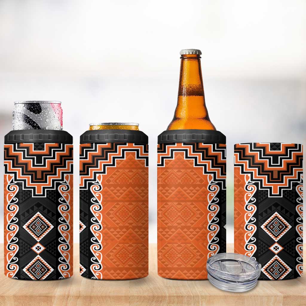 Orange Niho Taniwha Mix Poutama 4 in 1 Can Cooler Tumbler Unique Taniko Aotearoa LT01 - Polynesian Pride