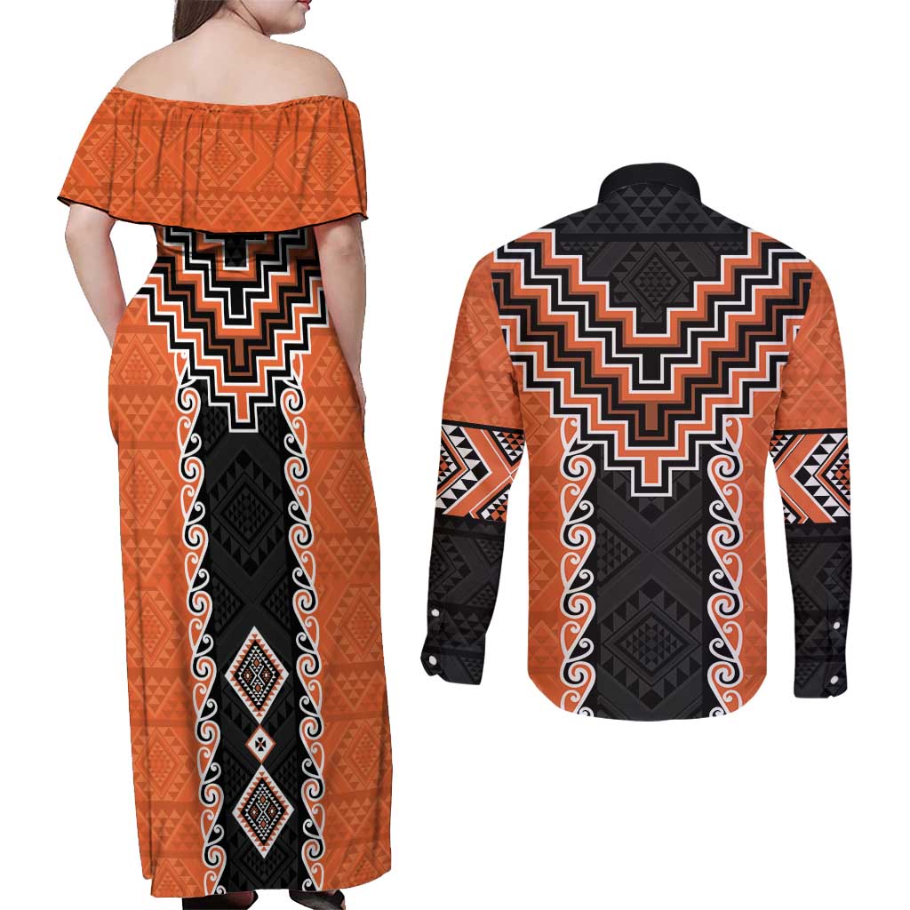 Orange Niho Taniwha Mix Poutama Couples Matching Off Shoulder Maxi Dress and Long Sleeve Button Shirt Unique Taniko Aotearoa LT01 - Polynesian Pride