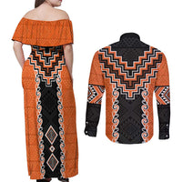 Orange Niho Taniwha Mix Poutama Couples Matching Off Shoulder Maxi Dress and Long Sleeve Button Shirt Unique Taniko Aotearoa LT01 - Polynesian Pride