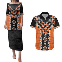 Orange Niho Taniwha Mix Poutama Couples Matching Puletasi and Hawaiian Shirt Unique Taniko Aotearoa LT01 Orange - Polynesian Pride