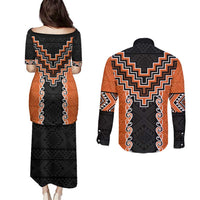Orange Niho Taniwha Mix Poutama Couples Matching Puletasi and Long Sleeve Button Shirt Unique Taniko Aotearoa LT01 - Polynesian Pride