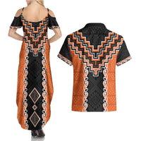 Orange Niho Taniwha Mix Poutama Couples Matching Summer Maxi Dress and Hawaiian Shirt Unique Taniko Aotearoa LT01 - Polynesian Pride
