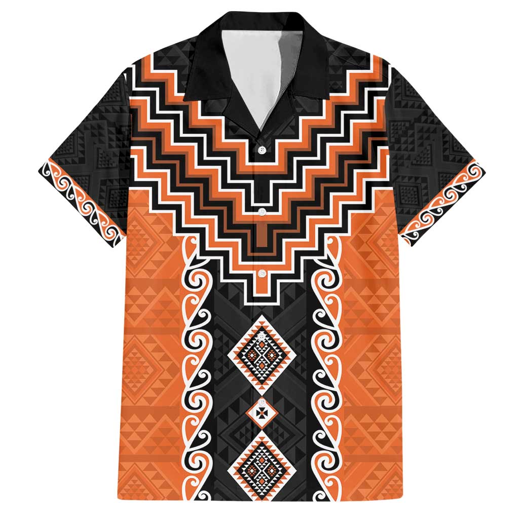 Orange Niho Taniwha Mix Poutama Family Matching Short Sleeve Bodycon Dress and Hawaiian Shirt Unique Taniko Aotearoa