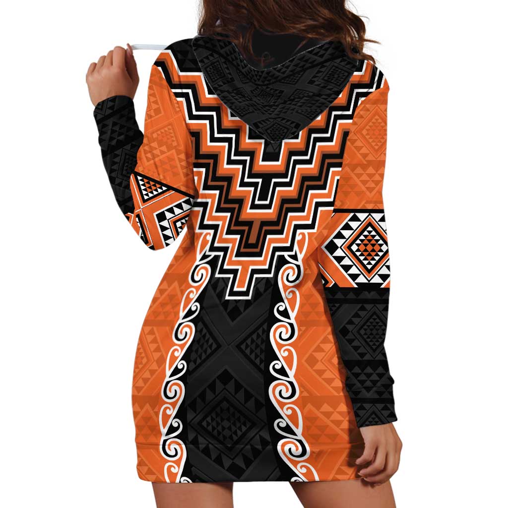 Orange Niho Taniwha Mix Poutama Hoodie Dress Unique Taniko Aotearoa LT01 - Polynesian Pride