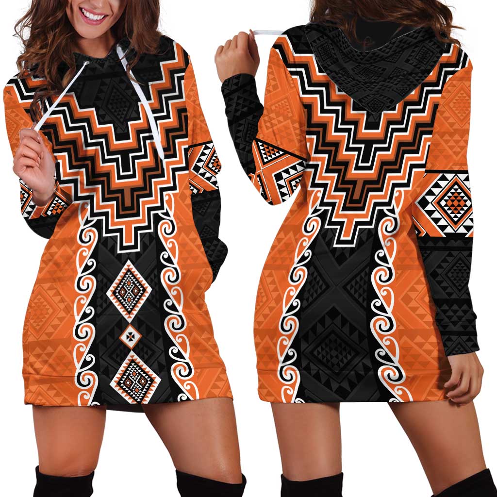 Orange Niho Taniwha Mix Poutama Hoodie Dress Unique Taniko Aotearoa LT01 - Polynesian Pride