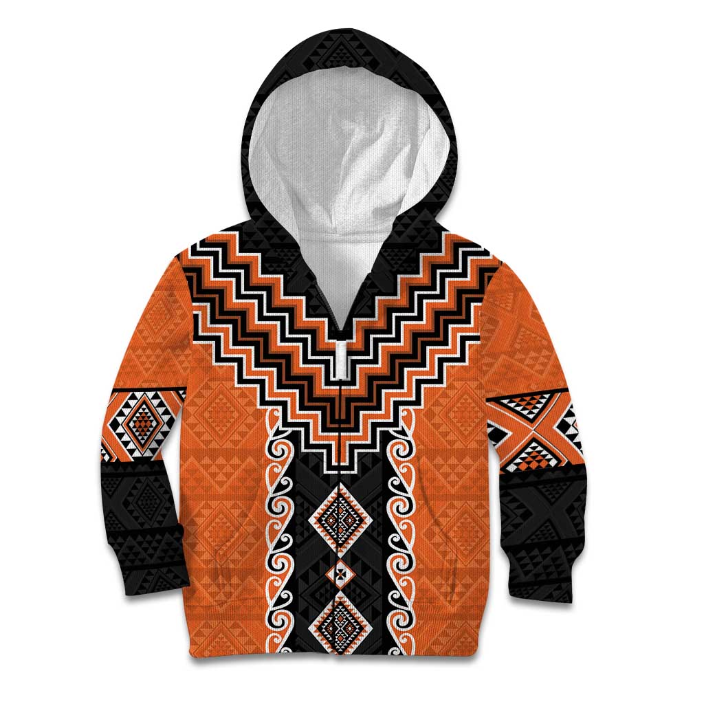 Orange Niho Taniwha Mix Poutama Kid Hoodie Unique Taniko Aotearoa