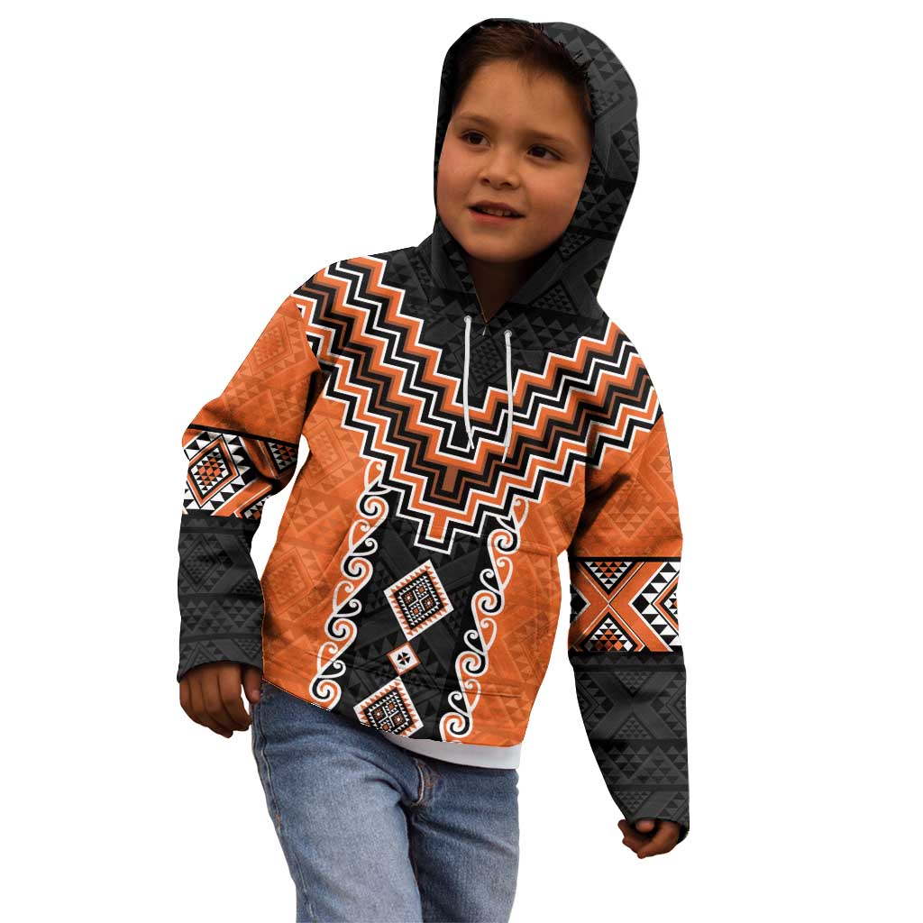 Orange Niho Taniwha Mix Poutama Kid Hoodie Unique Taniko Aotearoa