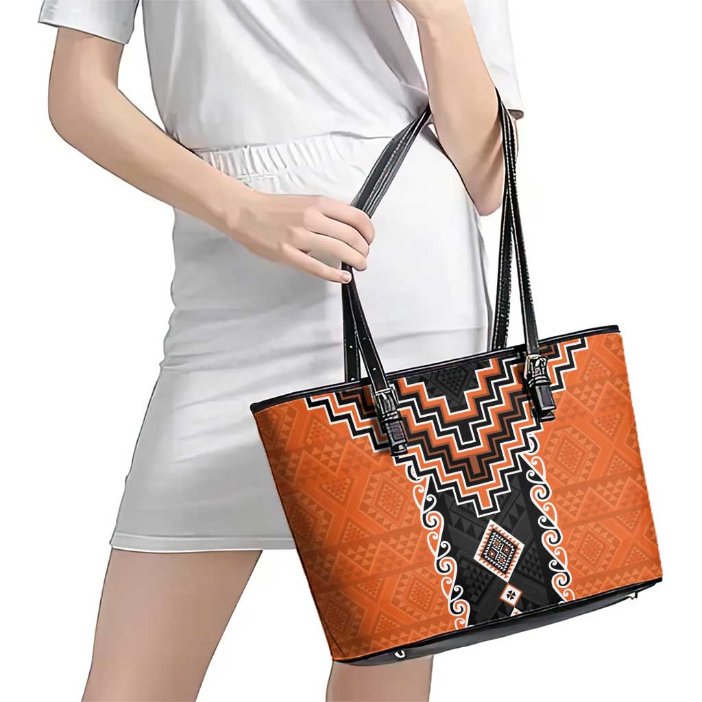 Orange Niho Taniwha Mix Poutama Leather Tote Bag Unique Taniko Aotearoa
