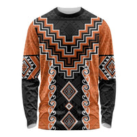 Orange Niho Taniwha Mix Poutama Long Sleeve Shirt Unique Taniko Aotearoa LT01 Unisex Orange - Polynesian Pride