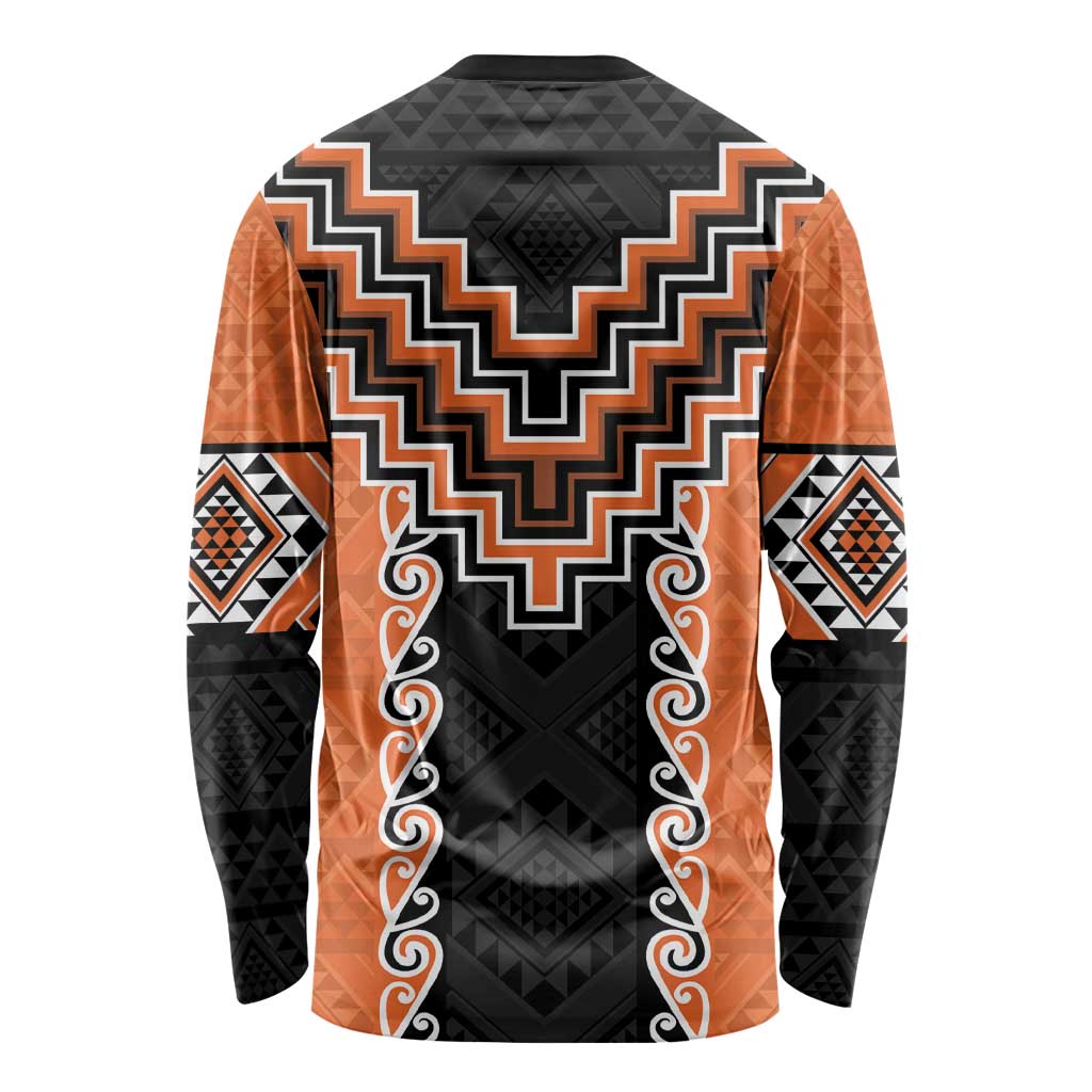 Orange Niho Taniwha Mix Poutama Long Sleeve Shirt Unique Taniko Aotearoa LT01 - Polynesian Pride
