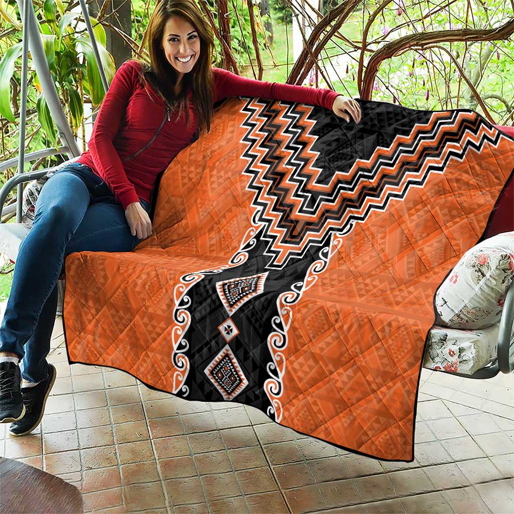 Orange Niho Taniwha Mix Poutama Quilt Unique Taniko Aotearoa