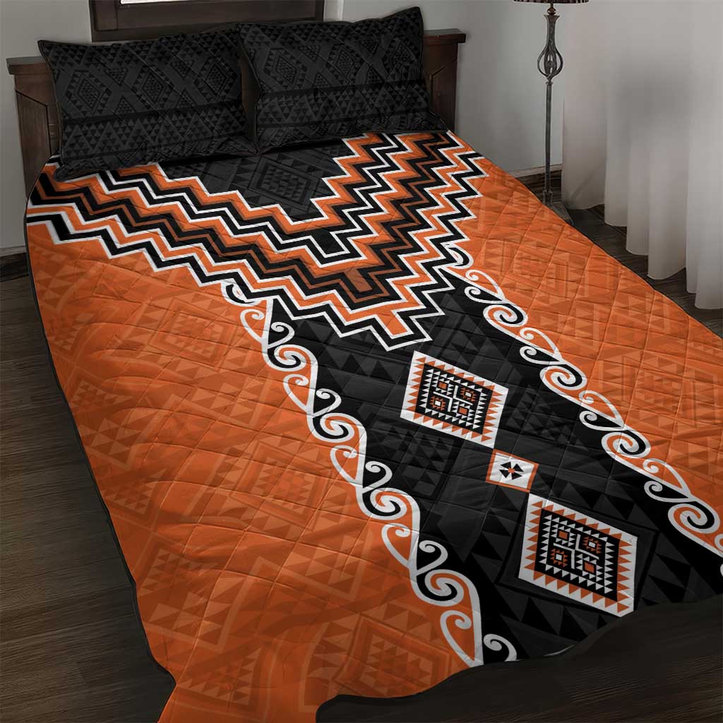 Orange Niho Taniwha Mix Poutama Quilt Bed Set Unique Taniko Aotearoa LT01 Orange - Polynesian Pride