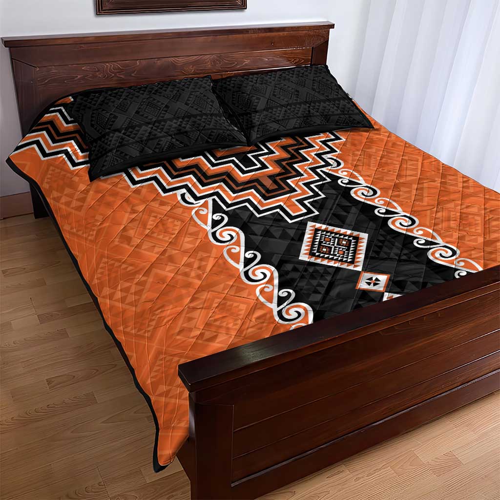 Orange Niho Taniwha Mix Poutama Quilt Bed Set Unique Taniko Aotearoa LT01 - Polynesian Pride
