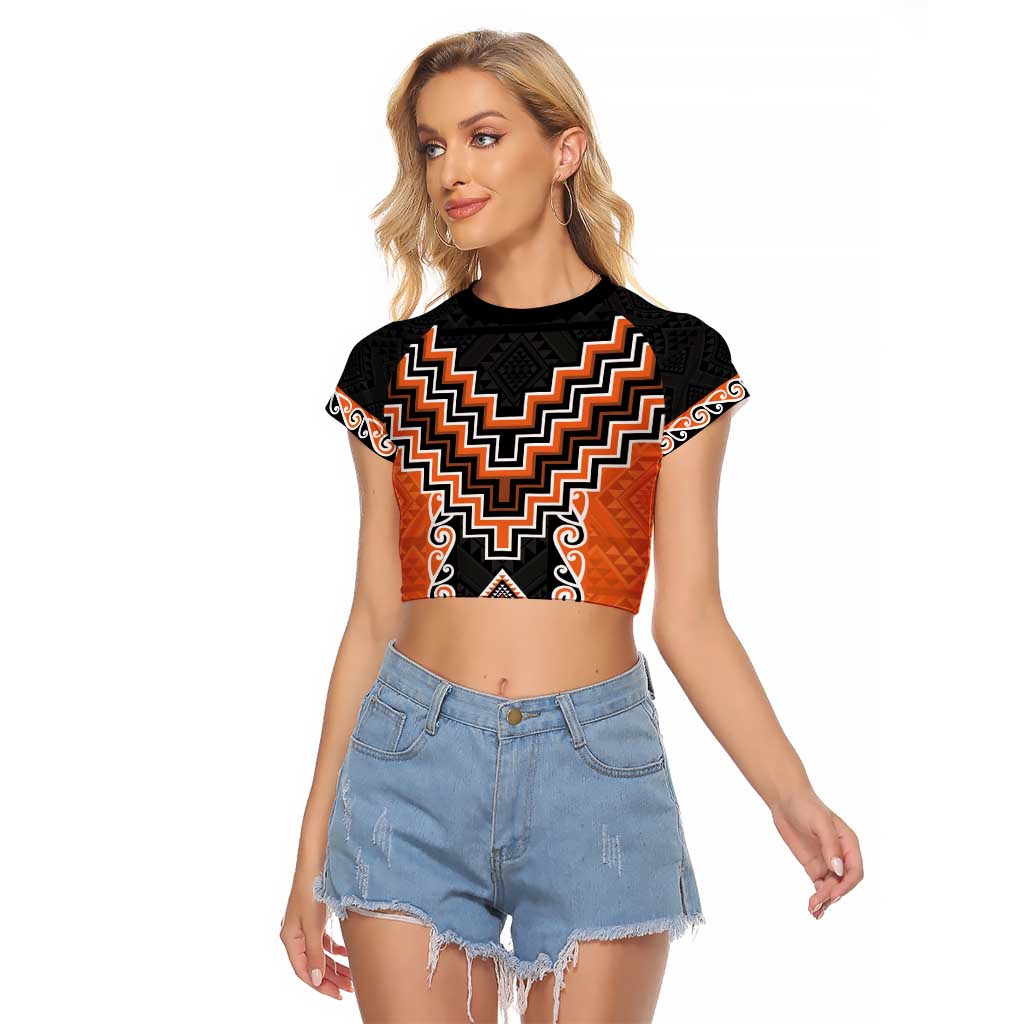 Orange Niho Taniwha Mix Poutama Raglan Cropped T Shirt Unique Taniko Aotearoa LT01 Female Orange - Polynesian Pride