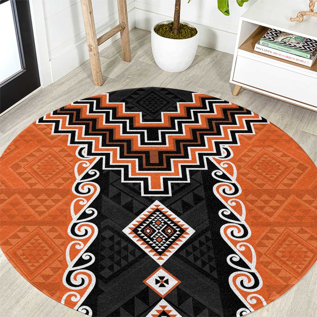 Orange Niho Taniwha Mix Poutama Round Carpet Unique Taniko Aotearoa