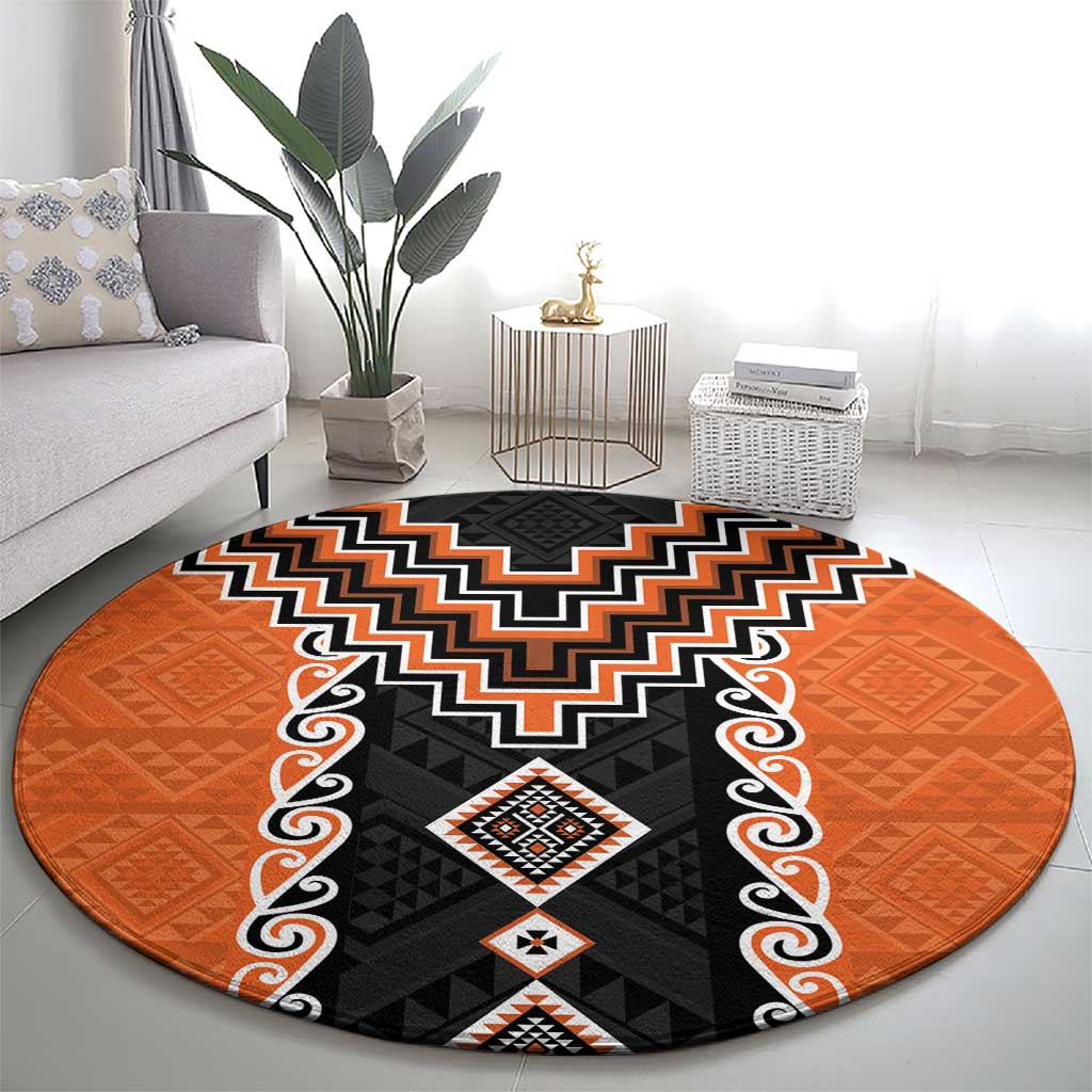 Orange Niho Taniwha Mix Poutama Round Carpet Unique Taniko Aotearoa