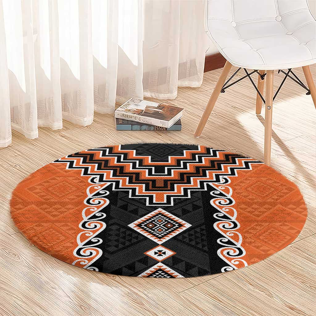 Orange Niho Taniwha Mix Poutama Round Carpet Unique Taniko Aotearoa