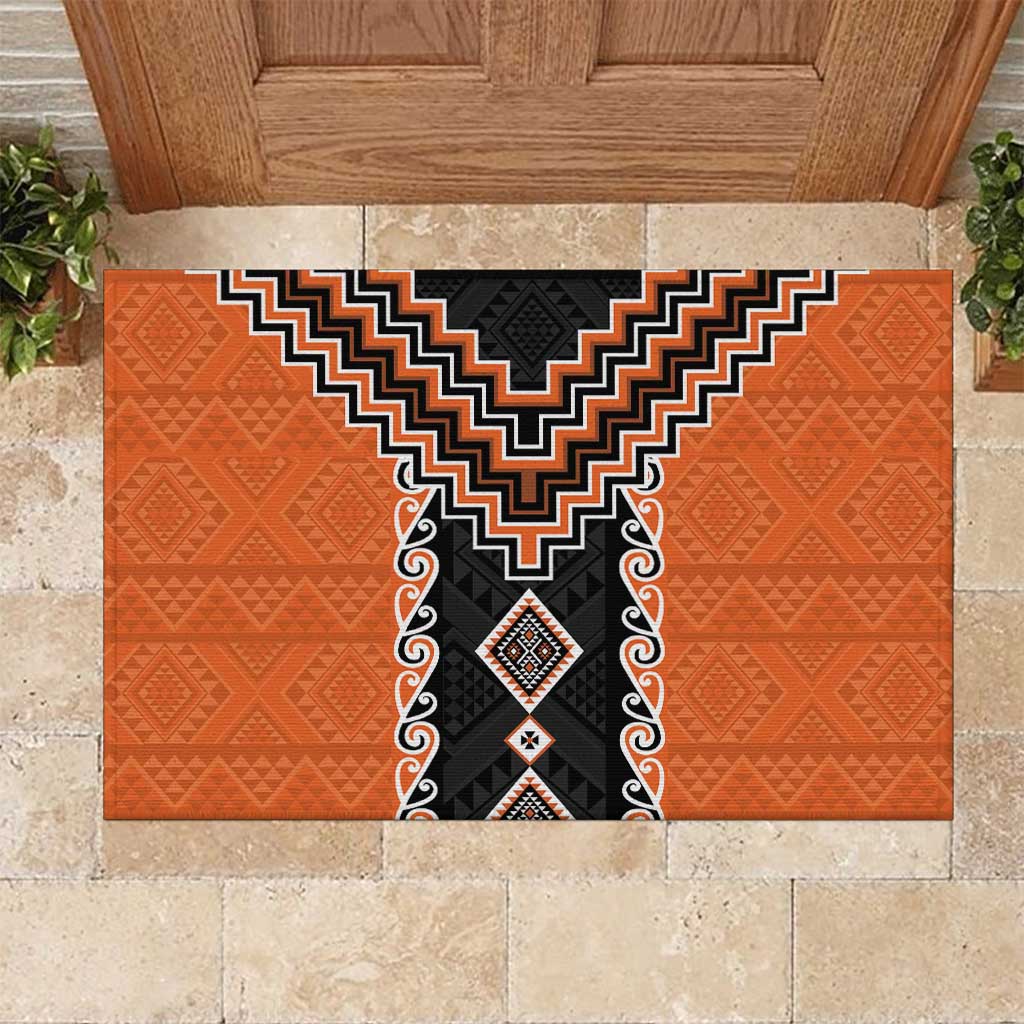 Orange Niho Taniwha Mix Poutama Rubber Doormat Unique Taniko Aotearoa LT01 Orange - Polynesian Pride