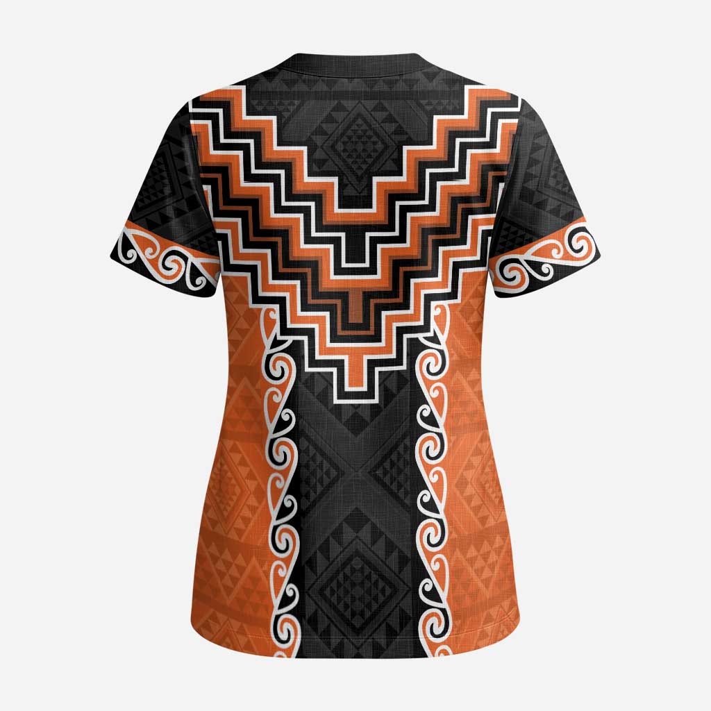 Orange Niho Taniwha Mix Poutama Scrub Top Unique Taniko Aotearoa LT01 - Polynesian Pride