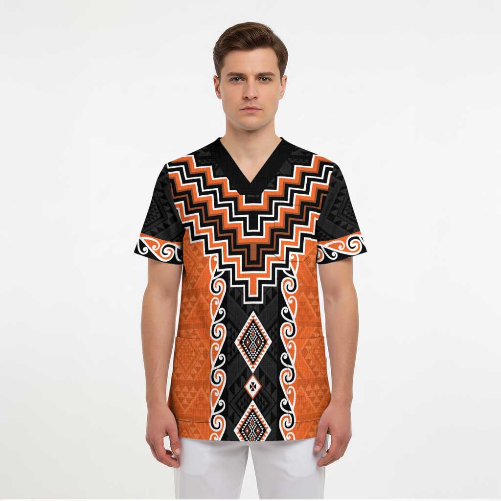 Orange Niho Taniwha Mix Poutama Scrub Top Unique Taniko Aotearoa LT01 - Polynesian Pride