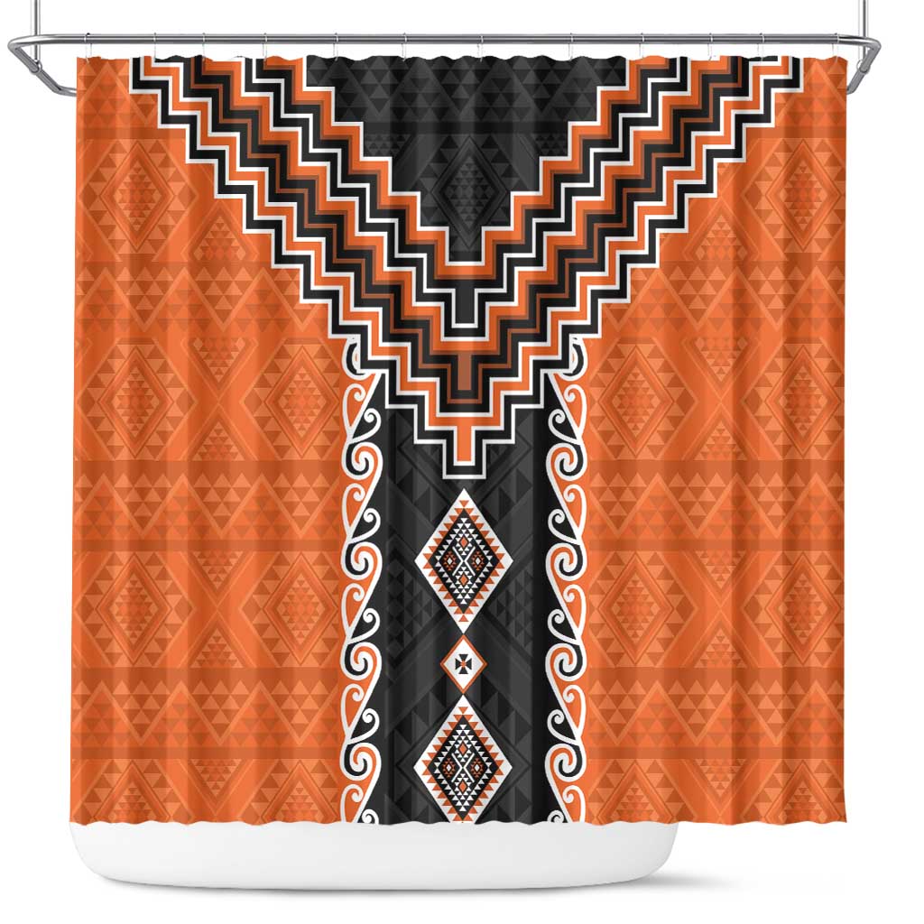 Orange Niho Taniwha Mix Poutama Shower Curtain Unique Taniko Aotearoa