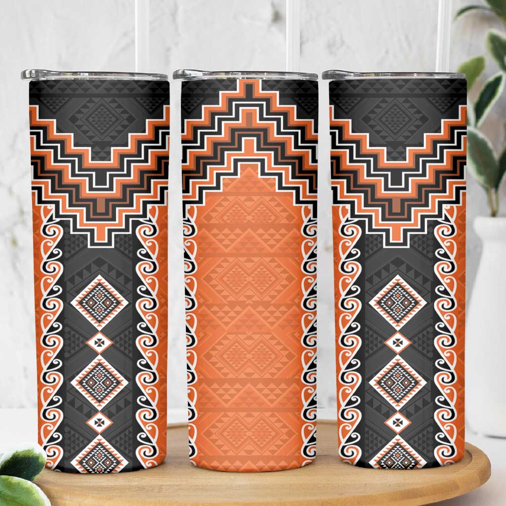 Orange Niho Taniwha Mix Poutama Skinny Tumbler Unique Taniko Aotearoa