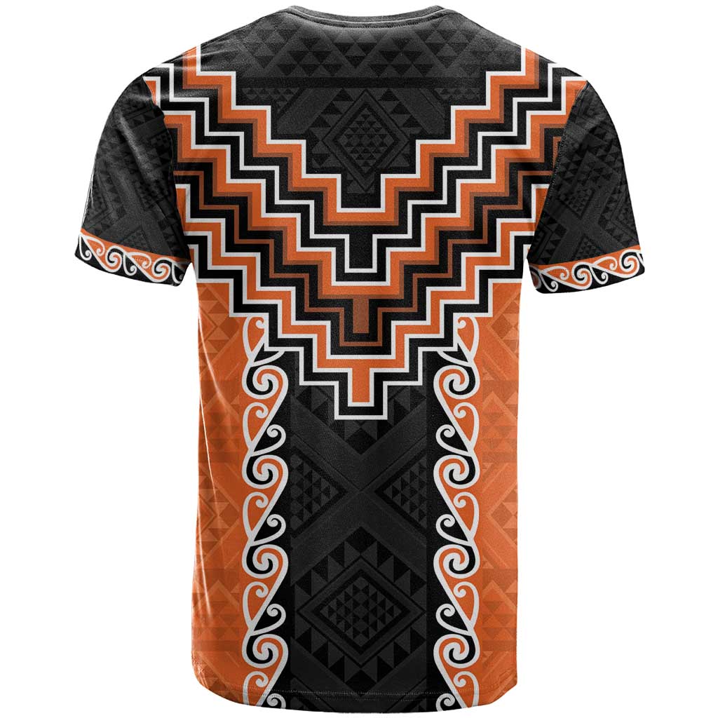Orange Niho Taniwha Mix Poutama T Shirt Unique Taniko Aotearoa