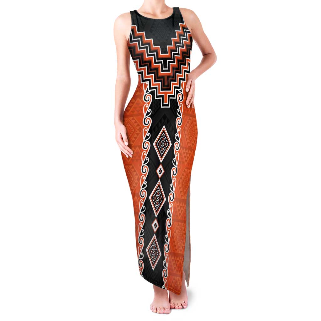 Orange Niho Taniwha Mix Poutama Tank Maxi Dress Unique Taniko Aotearoa LT01 Women Orange - Polynesian Pride