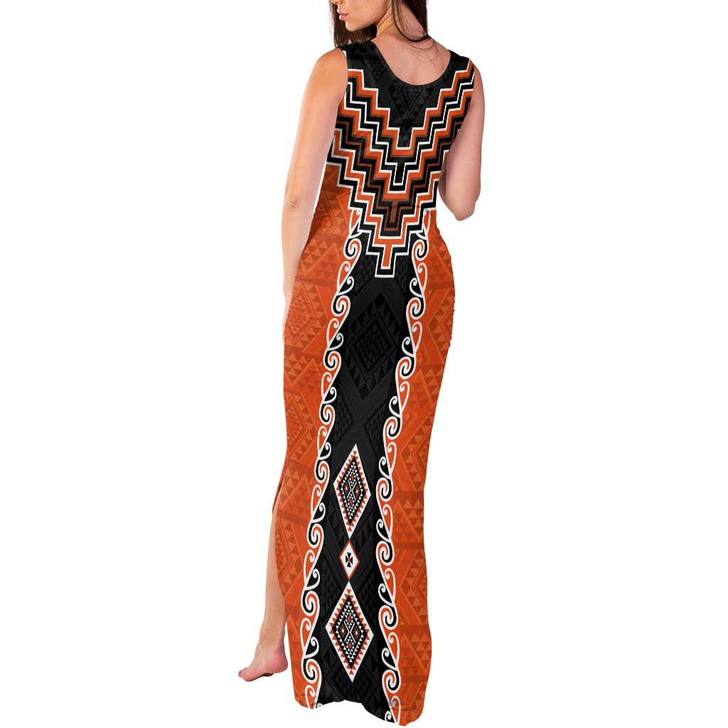 Orange Niho Taniwha Mix Poutama Tank Maxi Dress Unique Taniko Aotearoa LT01 - Polynesian Pride