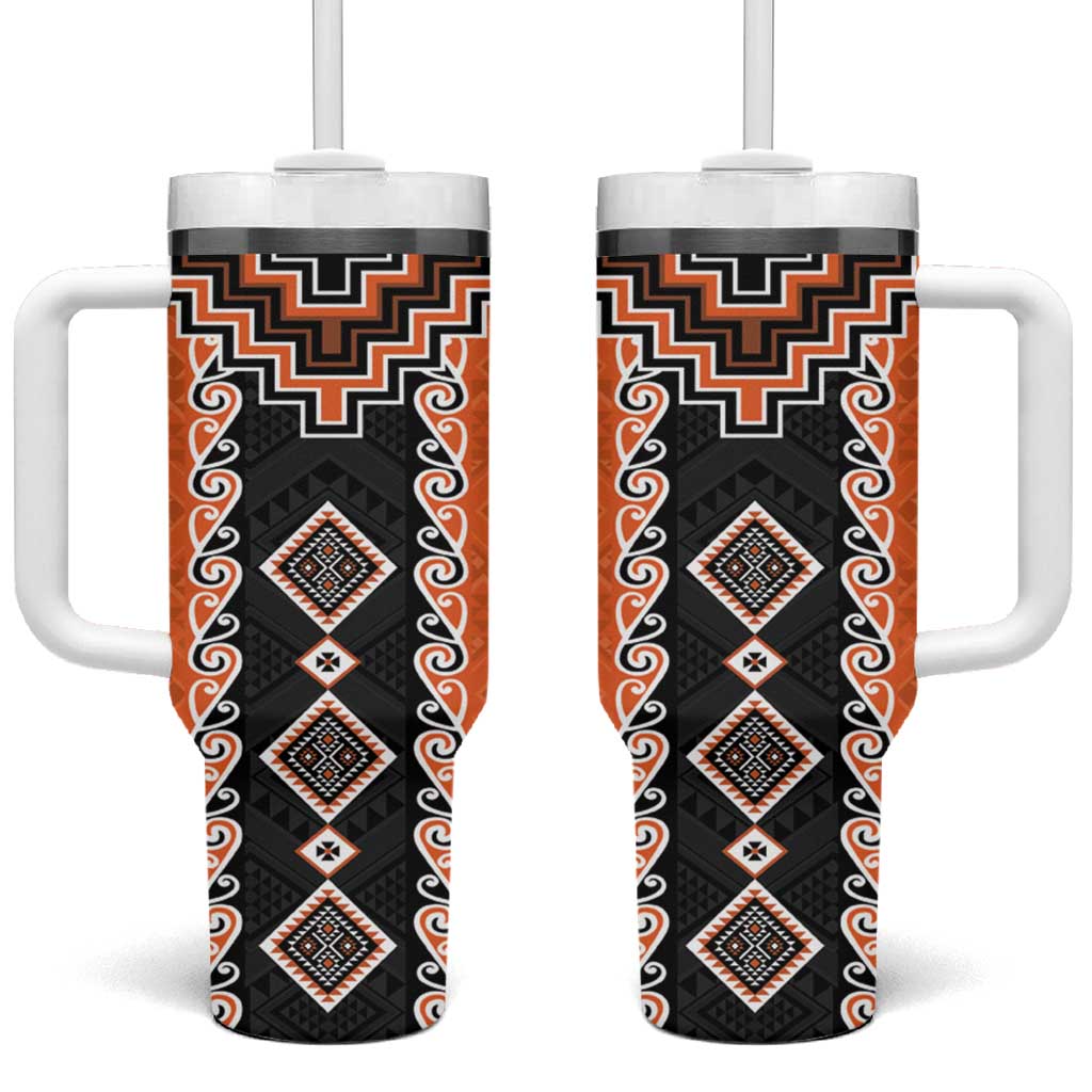 Orange Niho Taniwha Mix Poutama Tumbler With Handle Unique Taniko Aotearoa LT01 One Size: 40 oz Orange - Polynesian Pride