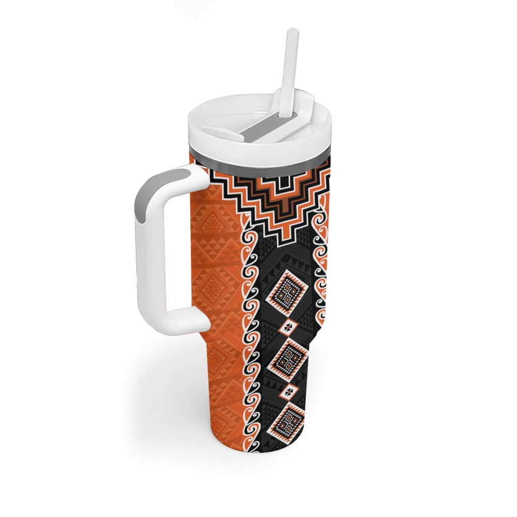 Orange Niho Taniwha Mix Poutama Tumbler With Handle Unique Taniko Aotearoa LT01 - Polynesian Pride