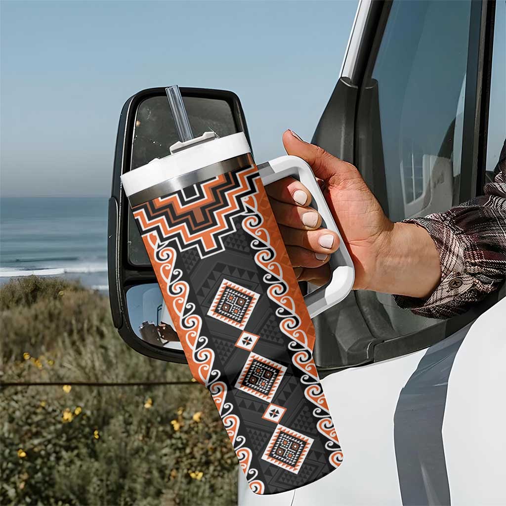 Orange Niho Taniwha Mix Poutama Tumbler With Handle Unique Taniko Aotearoa LT01 - Polynesian Pride