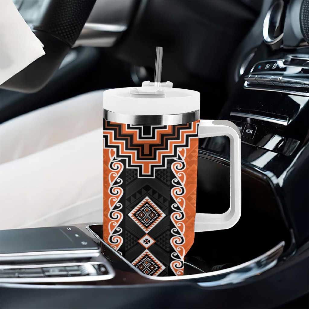 Orange Niho Taniwha Mix Poutama Tumbler With Handle Unique Taniko Aotearoa LT01 - Polynesian Pride