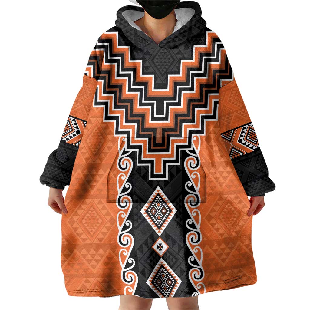 Orange Niho Taniwha Mix Poutama Wearable Blanket Hoodie Unique Taniko Aotearoa LT01 - Polynesian Pride