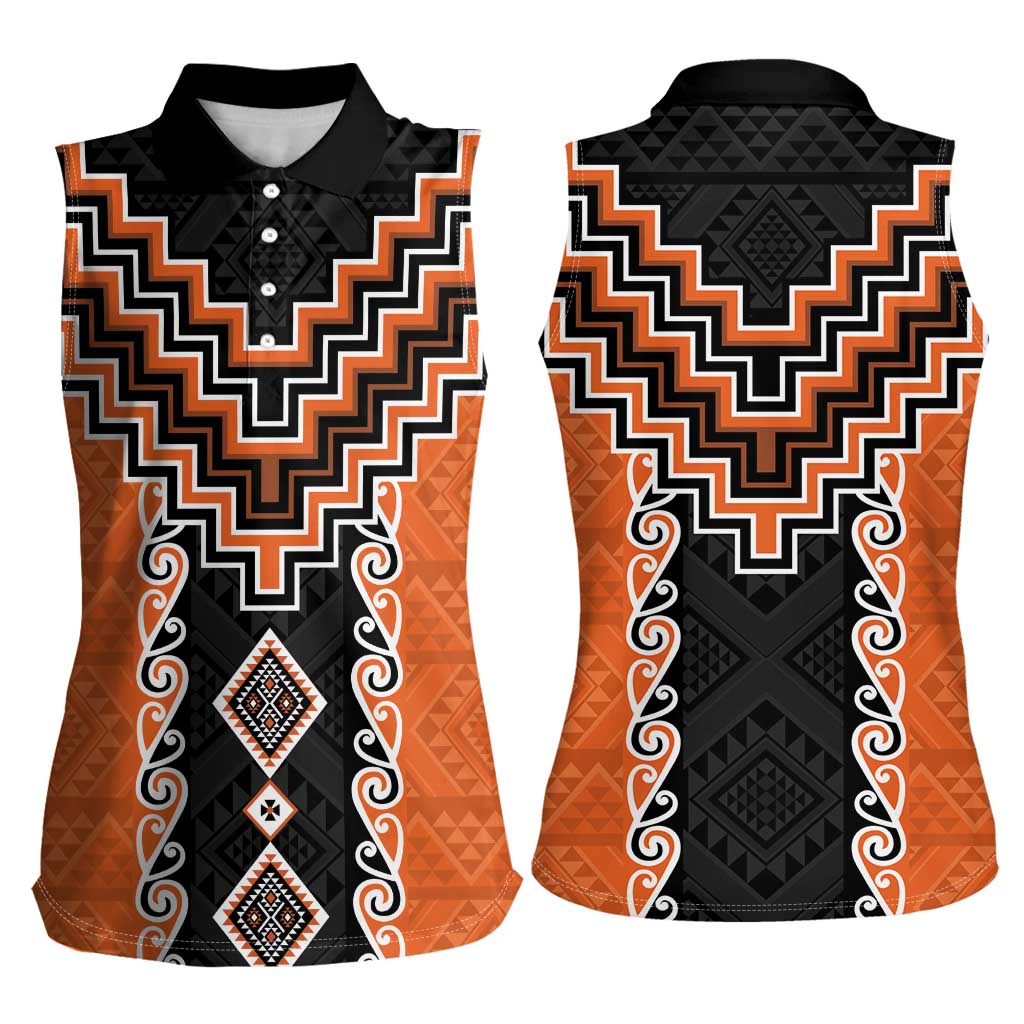 Orange Niho Taniwha Mix Poutama Women Sleeveless Polo Shirt Unique Taniko Aotearoa