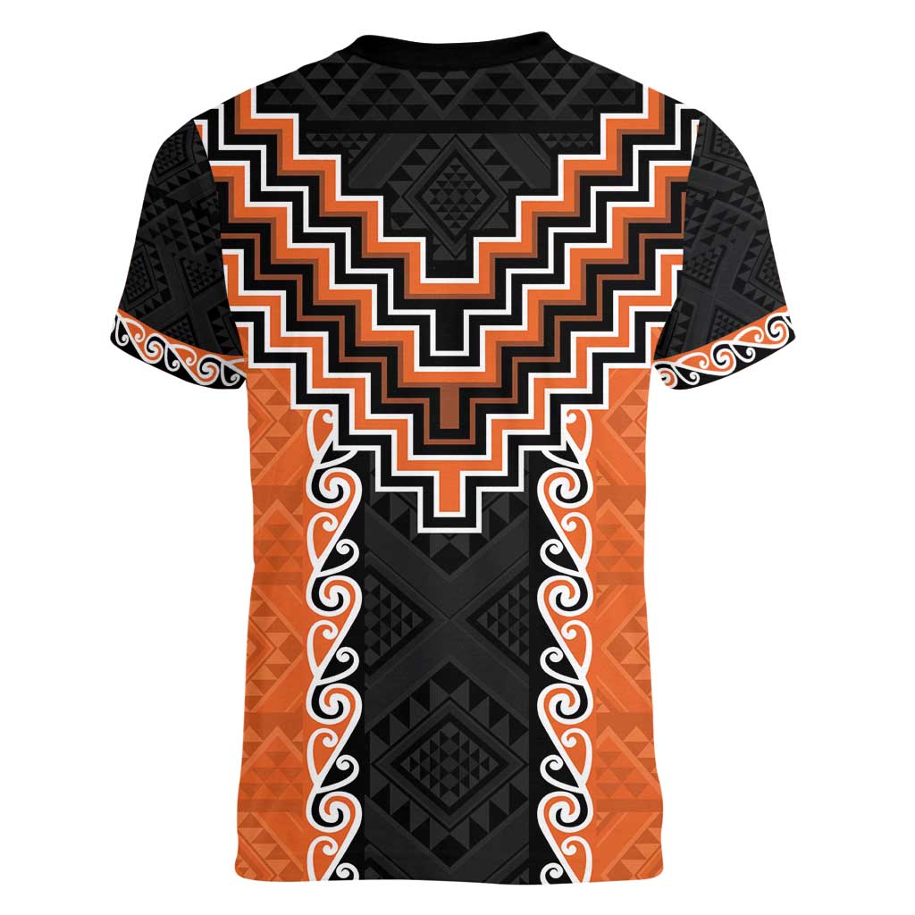 Orange Niho Taniwha Mix Poutama Women V-Neck T-Shirt Unique Taniko Aotearoa LT01 - Polynesian Pride