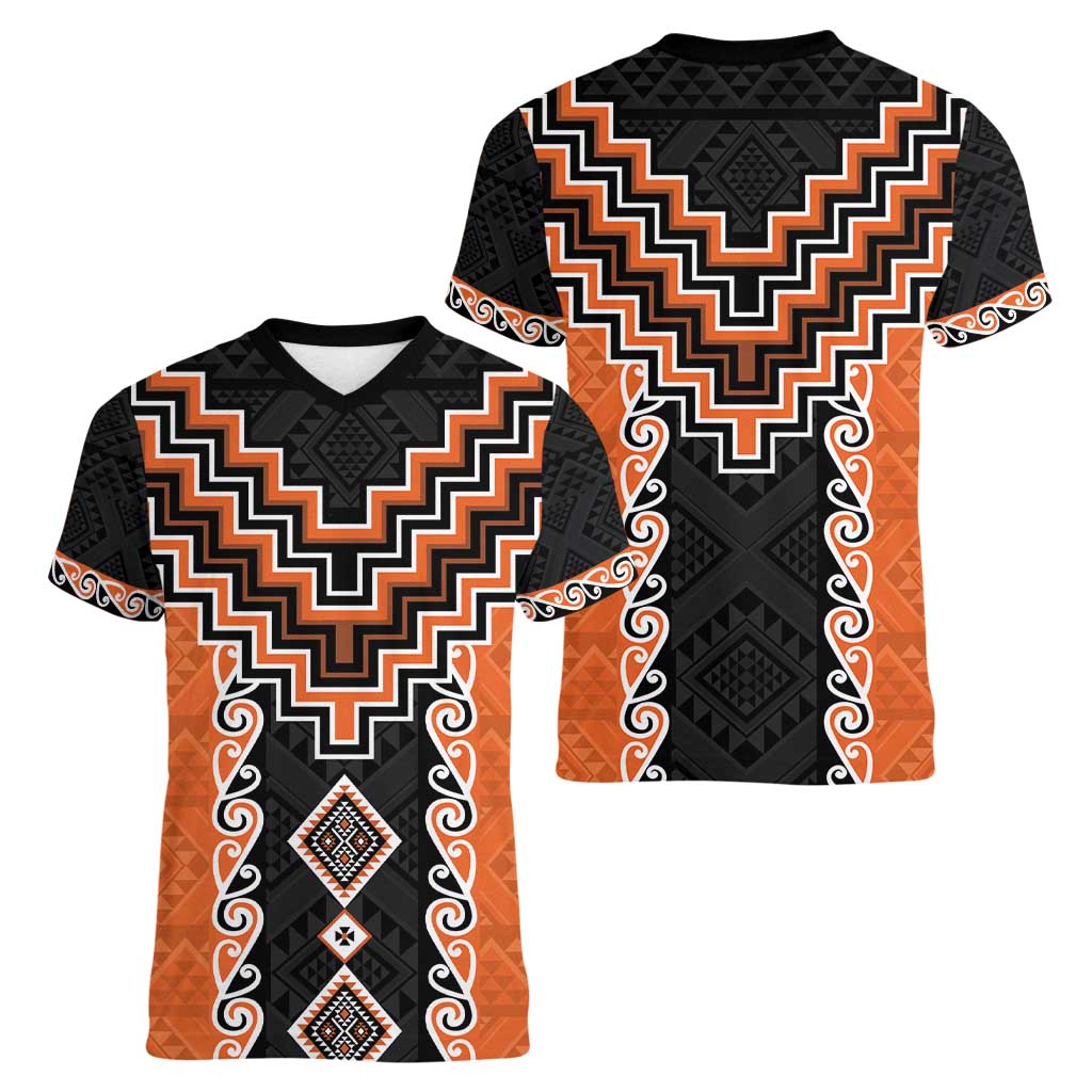 Orange Niho Taniwha Mix Poutama Women V-Neck T-Shirt Unique Taniko Aotearoa LT01 - Polynesian Pride
