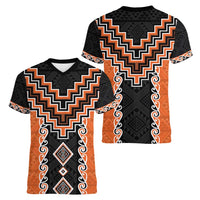 Orange Niho Taniwha Mix Poutama Women V-Neck T-Shirt Unique Taniko Aotearoa LT01 - Polynesian Pride