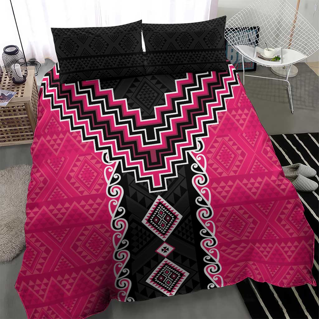 Pink Niho Taniwha Mix Poutama Bedding Set Unique Taniko Aotearoa