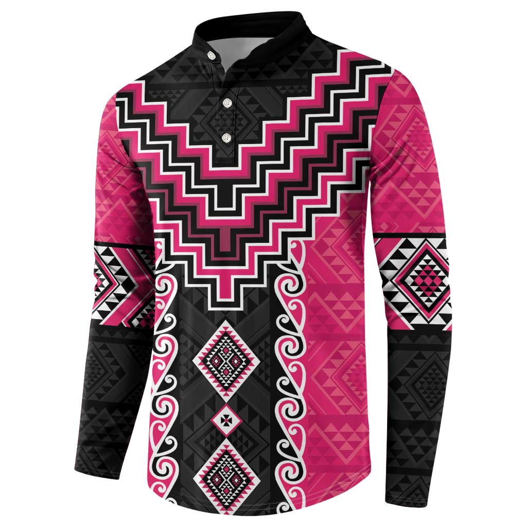 Pink Niho Taniwha Mix Poutama Button Sweatshirt Unique Taniko Aotearoa LT01 - Polynesian Pride