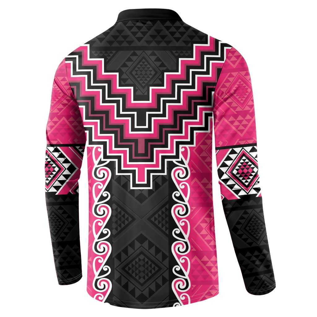 Pink Niho Taniwha Mix Poutama Button Sweatshirt Unique Taniko Aotearoa LT01 - Polynesian Pride
