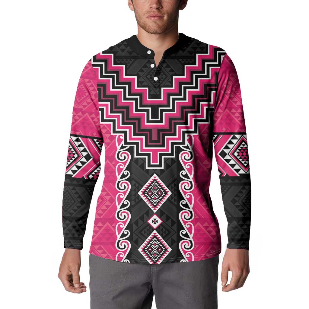 Pink Niho Taniwha Mix Poutama Button Sweatshirt Unique Taniko Aotearoa LT01 - Polynesian Pride