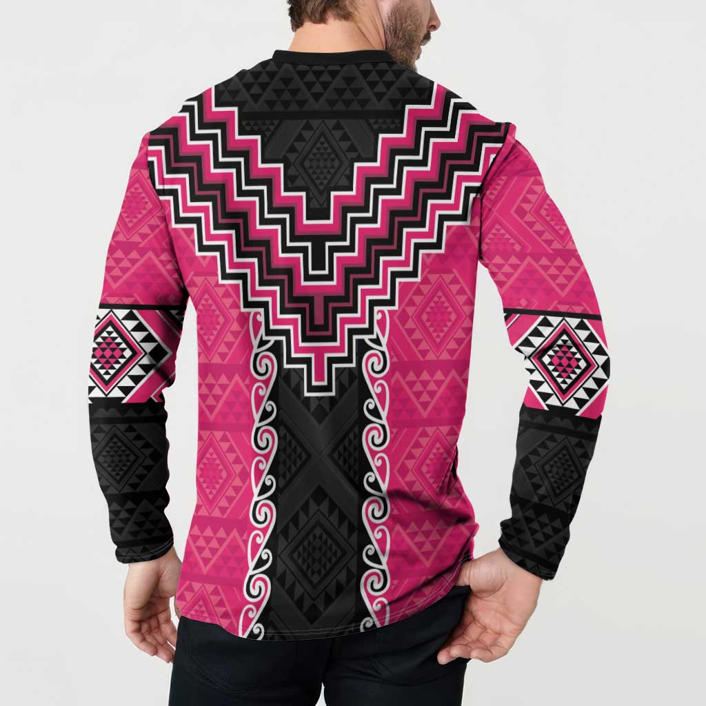Pink Niho Taniwha Mix Poutama Button Sweatshirt Unique Taniko Aotearoa LT01 - Polynesian Pride