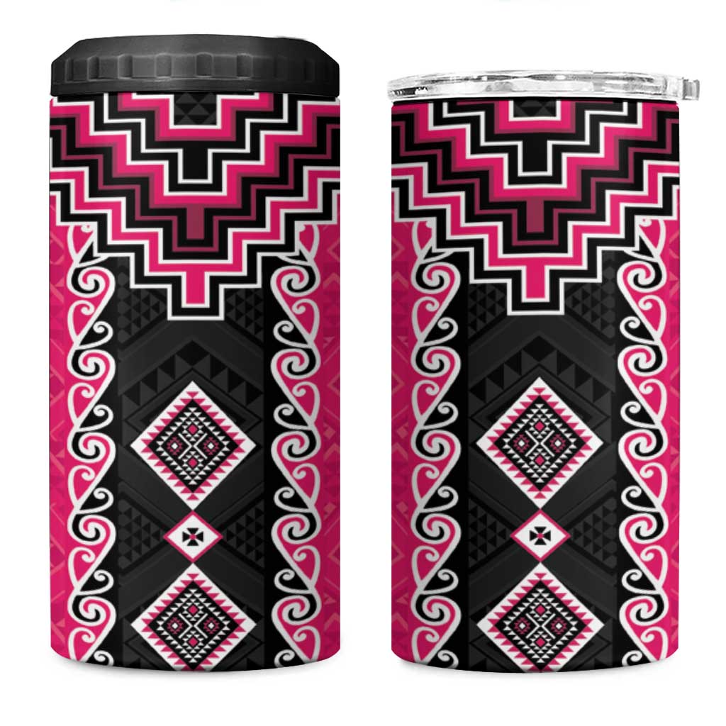 Pink Niho Taniwha Mix Poutama 4 in 1 Can Cooler Tumbler Unique Taniko Aotearoa LT01 One Size: 16 oz Pink - Polynesian Pride