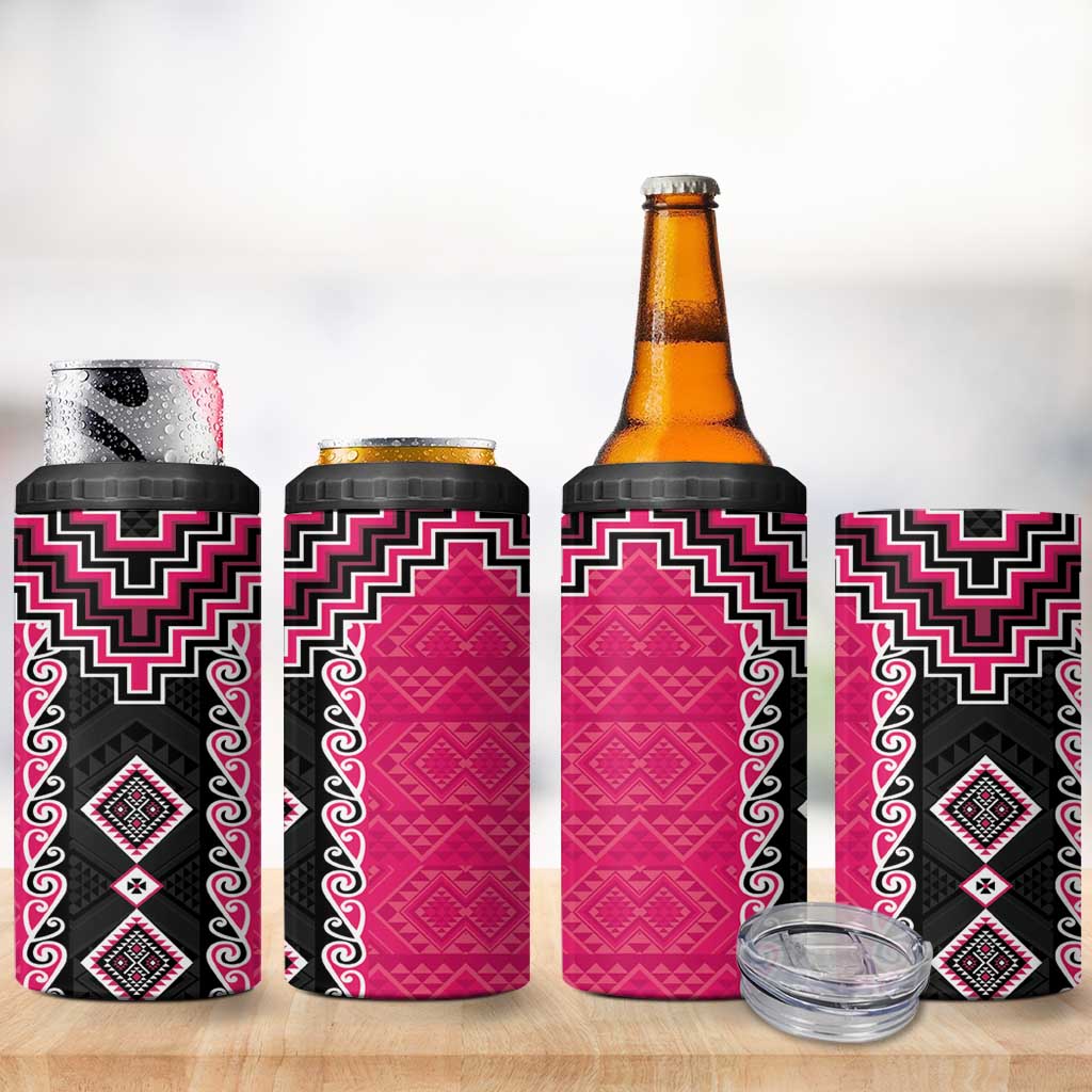 Pink Niho Taniwha Mix Poutama 4 in 1 Can Cooler Tumbler Unique Taniko Aotearoa LT01 - Polynesian Pride
