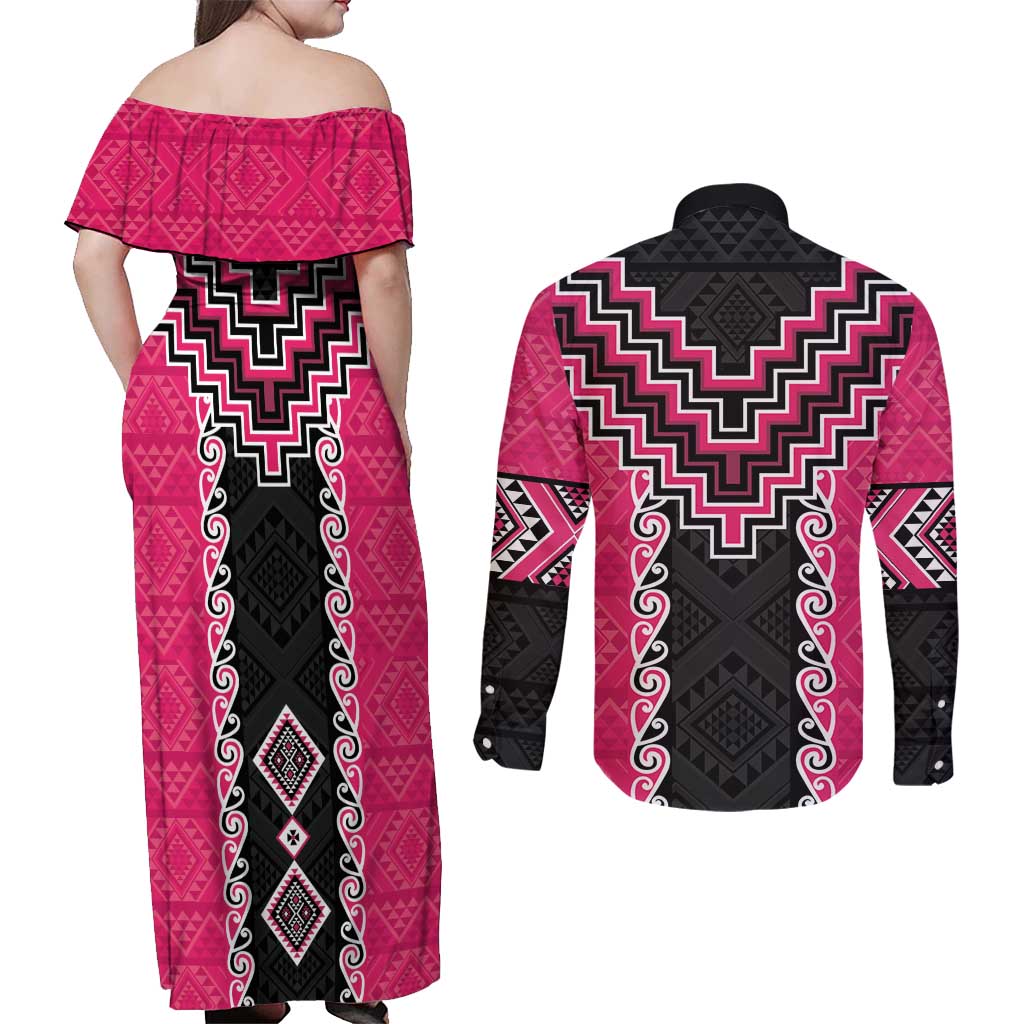 Pink Niho Taniwha Mix Poutama Couples Matching Off Shoulder Maxi Dress and Long Sleeve Button Shirt Unique Taniko Aotearoa