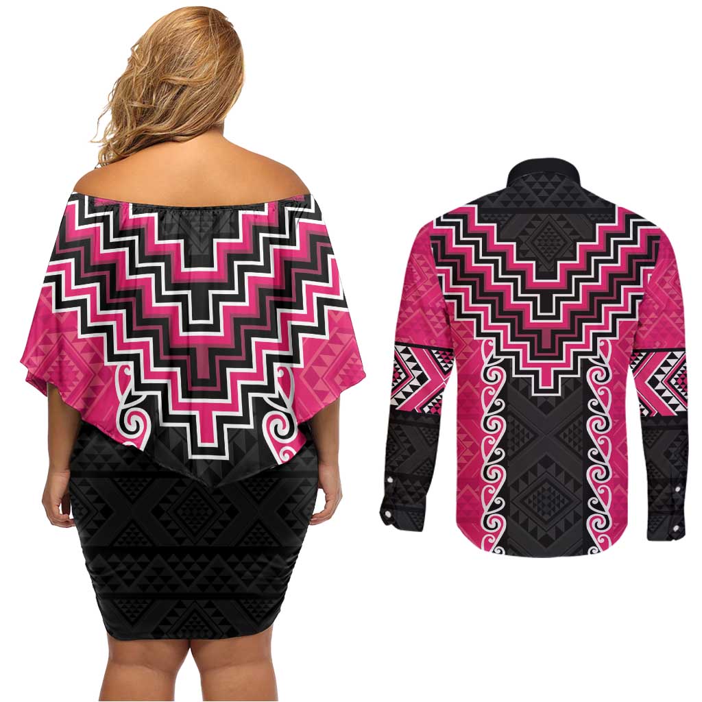 Pink Niho Taniwha Mix Poutama Couples Matching Off Shoulder Short Dress and Long Sleeve Button Shirt Unique Taniko Aotearoa LT01 - Polynesian Pride